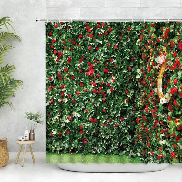 Duschvorhänge rote Blumen Wandvorhang Blumenpflanze Grüne Blatt Weindruck Hausdekor Bad Polyester Badewanne Bildschirm Sets