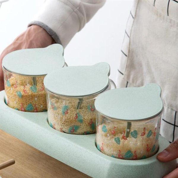 Strohgewürzspeicher Jar Set klare Gewürztruppen Jars Haushaltsaufbewahrungsboxen Prognose Pot Kitchen -Gewürzboxen Grün rosa Beige