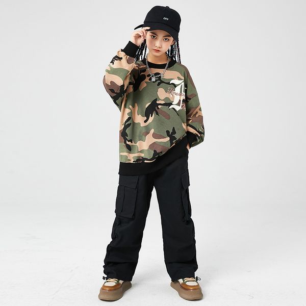 Kids Stage Hip Hop Roupas Camo de manga longa Camista Tops Black Jogger Cargo Pants para meninas adolescentes Jazz Dance Costume roupas