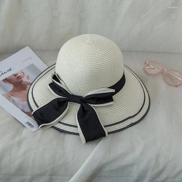 Cappelli larghi cappelli da sole Big Black Bow Summer for Women Folleble Paglia Beach Panama Visor Femme Female 2024