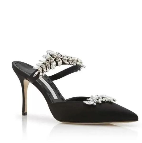Знаменитая бренда Lurum Sandals Shoes Women Mules Leaf Crystal-Crystal Satched Satin High Heels Strappy Lady Slaper