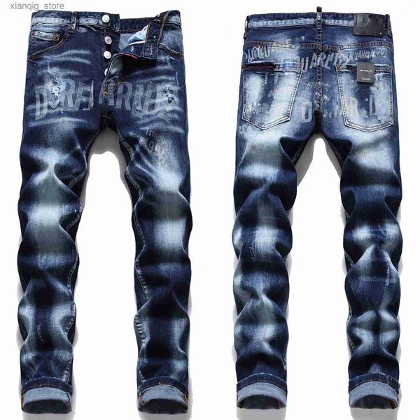 Erkekler Kot Hafif Lüks Erkek İnce-Fit Stretch Mavi Denim Pantsprinting Decors Decors Scractes Yumurtlanmış Kot Kot Seksi Sokak Kotları; L49