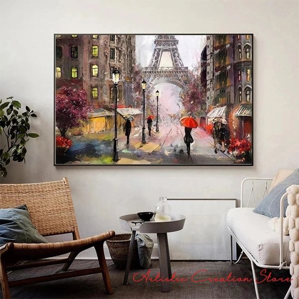 Romantische Stadt Fußgänger Paris Eiffelturm Landschaft abstrakte Leinwand Ölmalerei Poster Wandbild für Wohnzimmer Wohnkultur