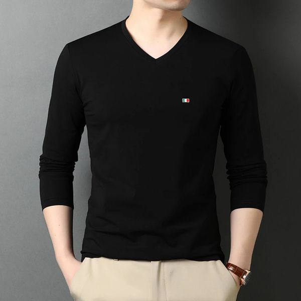 Marca de moda de alta qualidade Plain algodão 95% 5% spandex v pescoço de manga comprida camiseta homens algodão preto casual mass roupas 240408