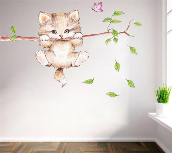 Sevimli Kedi Kelebek Ağaç Şube Duvar Duvar Çıkarmaları Çocuklar İçin Odalar Ev Dekorasyon Karikatür Hayvan Duvar Çıkartmaları DIY POSTS PVC Duvar Art6619377