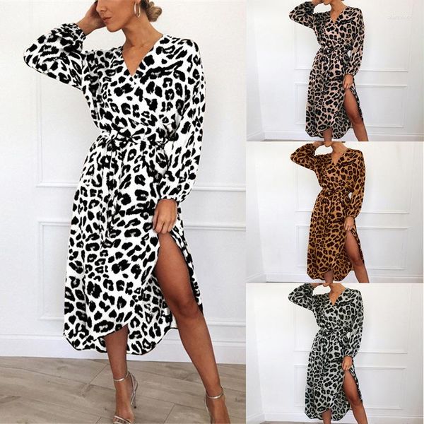 Abiti casual leopardo Donne a V Deep-Neck Women Abito per gonna asimmetrico