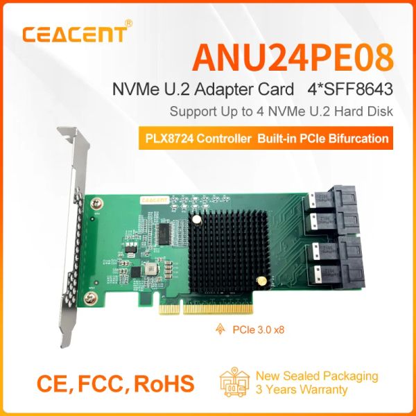 Карты ANU24PE08 NVME U.2 SSD -контроллер расширения SFF8643 TO SFF8639, PCIE3.0 X8 QUAD PORT, PLX8724 Чип Bulitin PCIe Bifurcation