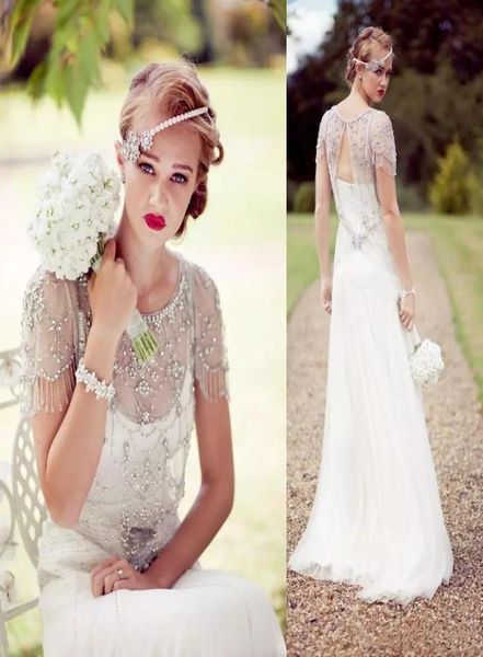 Vintage Great Gatsby Scintose Crystal Beach Wedding Dresses 2019 Jenny Packham Cap Country Country Open Back Bridal Wedding Gowns5915907
