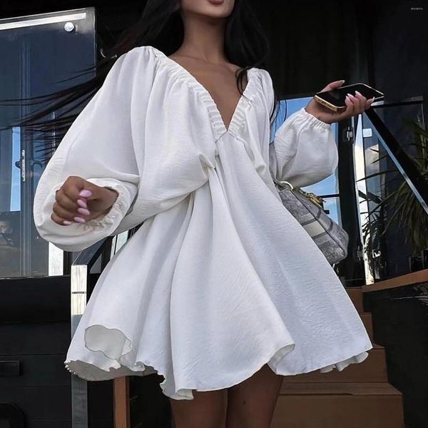 Abiti casual Vintage Short Short Women's Lantern Sleeve Sexy V Neck Ruffles Mini Abito Slip High Waist Dreaste Beach Party