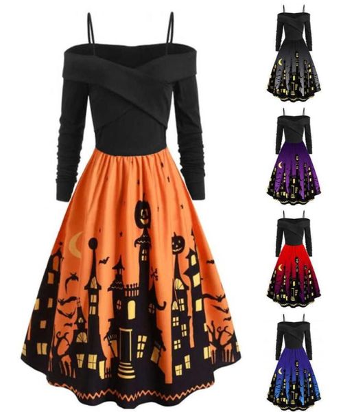 Mulheres Pumpkin Party Print Dress Halloween Manga longa V Neck Vintage Casual Plus Size Size Vestido Corto Mujer FD Y09031156048