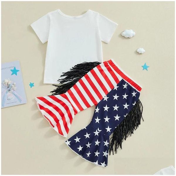 Kleidungssets Kleinkind Baby Mädchen 4. Jy -Outfit Kurzarm Buchstaben Druck Top Quaste American Flagge Sterne Streifen ausgestattet Hose Drop del otdxr