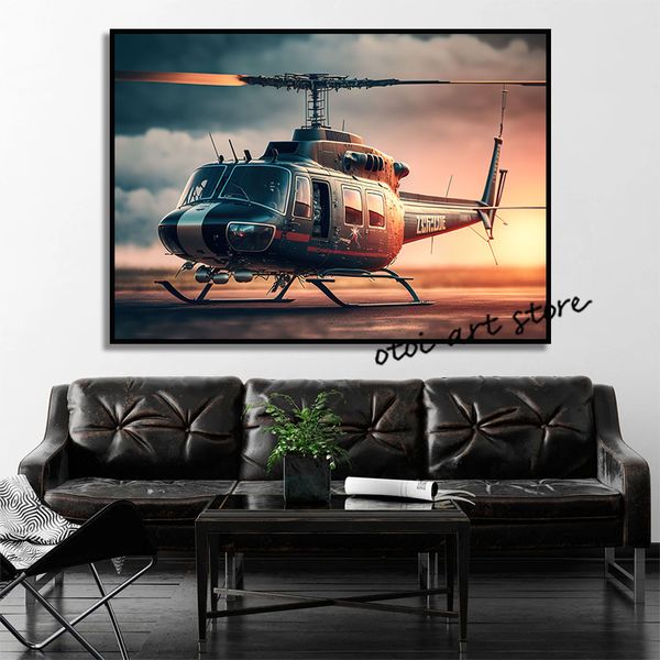 Helicóptero moderno vintage com pôr do sol Paisagem Aircraft Fighter Art Posters de lona pintando estampas de parede Decoração da sala de imagens