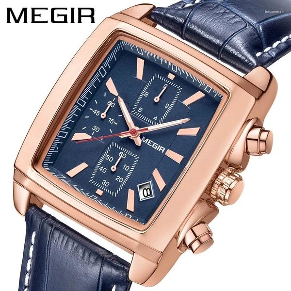 Relógios de pulso MEGir Business Men Chronograph Wristwatch Top Brand Brand Militares Retângulo Quartz Couro Male Sport Watch 2028