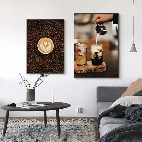 Latte Kaffeebohnen Espresso -Poster Hd Print Leinwand Malerei Wandkunst Bild Bildmodren Café Cafe Wohnkultur Cuadros