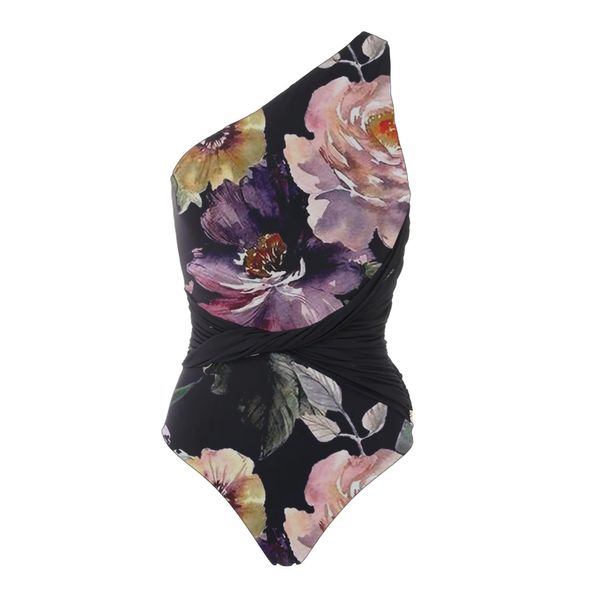 One Schulter Blütenölmalerei Druck ein Stück Badeanzug 2023 Frauen sexy Halfter eleganter Strandkleidung Badeanzug Riemen Deck