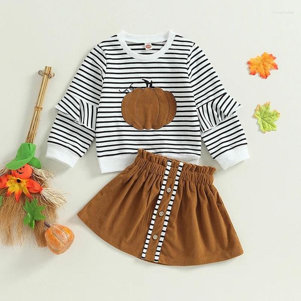 Set di abbigliamento per bambini baby girl Halloween 2 pezzi Autunno Stup Stripe Stampa di zucca Spettatura a maniche lunghe Felpa A-Line Outfit