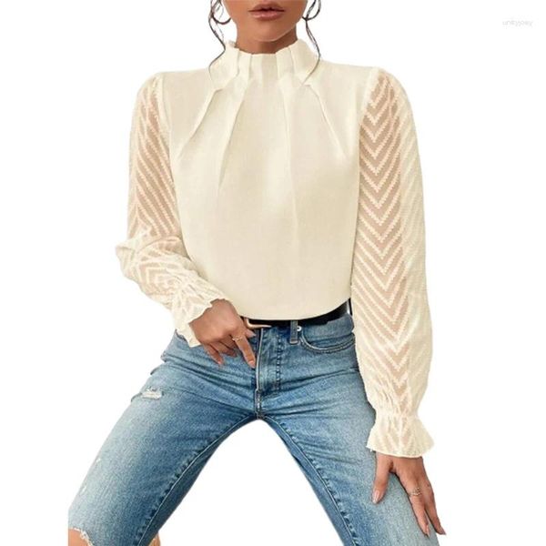 Frauenblusen Herbst Falten halb Turteneck Pullover Hemd durchsichtige Wellendruck Rüsche Langarm Chiffon Bluse Weibliche Lose Tops