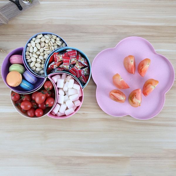 Snack -Tablettplatte Weizenstroh farbig blumförmige Nussplatte Snack Candy Bowl Vorspeise mit Deckel Food Storage Organizer
