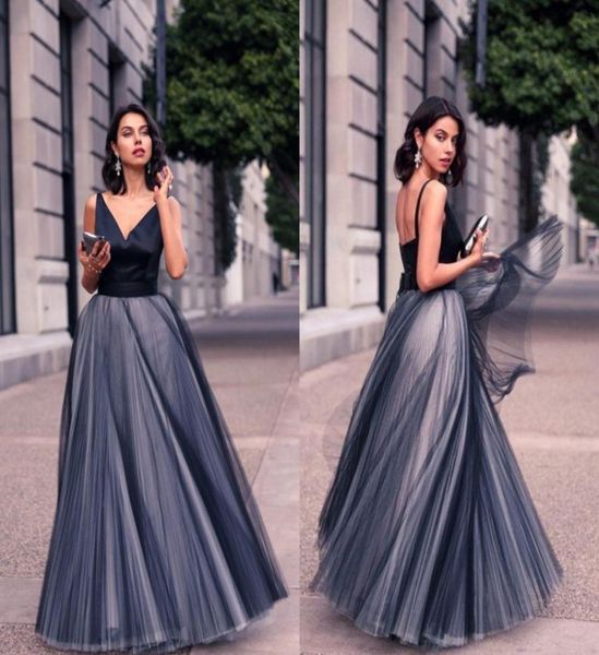 Formelle schwarze tulle elegante abendkleider satin spaghetti gastraps v hals vintage long ausgeschnittene prom Party Kleider maßgeschneiderte Frauen 3055743