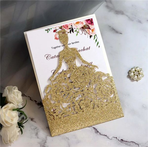 Glitter Lazer Kesme Kraliyet Prenses Davetiyeleri Doğum Günü Quinceanera Gül Kız Düğün Davetiyeleri Moda Hollow Out Tebrik Kartı