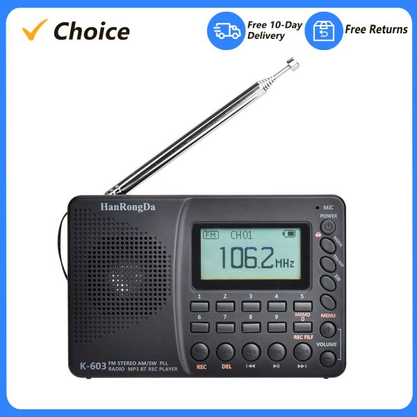 Spieler HRD603 Tragbarer Radio AM/FM/SW/BT/TF Pocket Radio USB MP3 Digitaler Rekorder Support TF Card Bluetooth