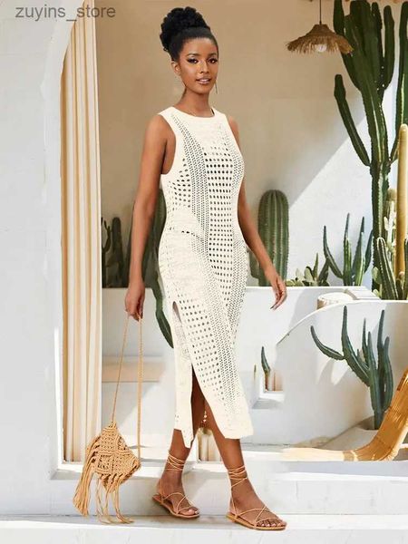 Grundlegende lässige Kleider weiße Häkelnetz Ärmellose Schlitz Wrap Beach Kleid 2024 Sommer Frau sexy Hollow -out Strandkleidung Maxi Kleider Q1513 L49