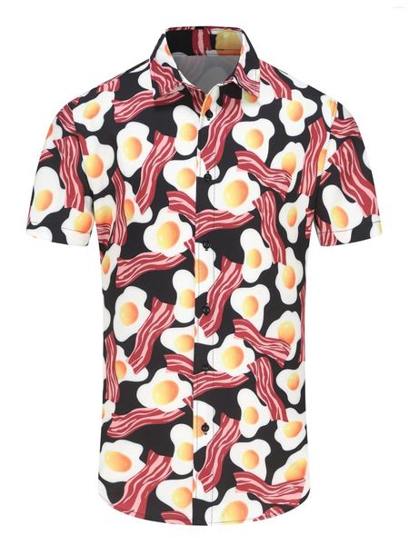 Camisas casuais masculinas 2024 verão havaiano de manga curta 3D Padrão de comida digital Impressão de camisa criativa