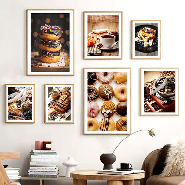 Schokoladenkuchen Pizza Kaffeebohnen Brot Donut Poster Wandkunst Leinwand Malerei Nordic Bilder Restaurant Dessert Shop Dekor