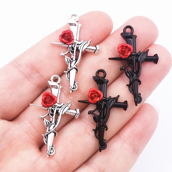 10pcs 38x23mm Zinklegierung Thorn Rose Cross Sword Charms Anhänger Designer Charms Fit Schmuckherstellung DIY -Schmuckfunde Erkenntnisse