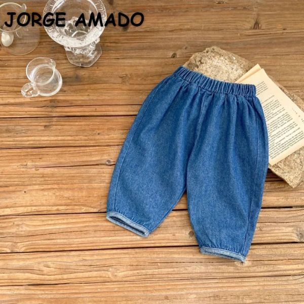 TRUSHERS INS estilo novo outono menino menino jeans macia cintura elástica de jeans azul rabanete calças recém -nascidas roupas versáteis e64039