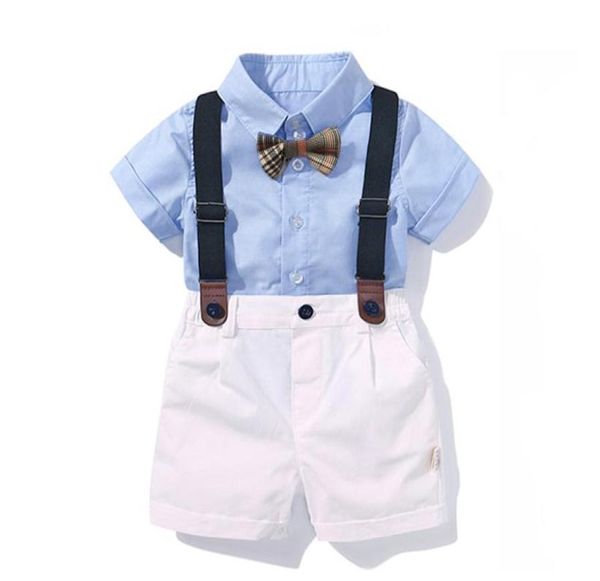 Baby menino Camisa de roupas de arco de aniversário terno formal de verão recém -nascido roupas de meninos conjuntos de camisa azul topsuspender calças roupas lj20085650779