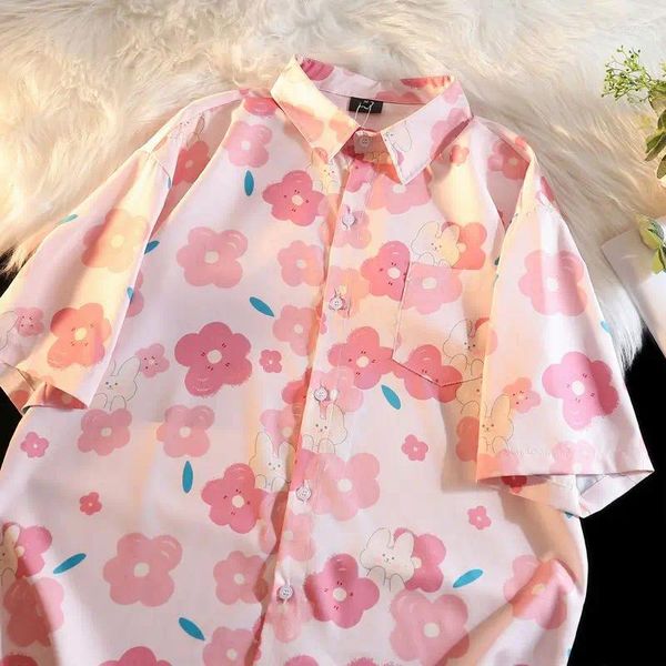 Camicette da donna xej giapponese harajuku moda kawaii camicia a maniche corta rosa 2024 fiore estate oversize