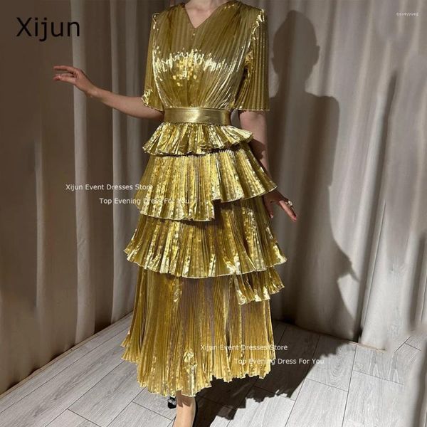 Vestidos de festa xijun luxuoso noturno dourado em camadas pregas