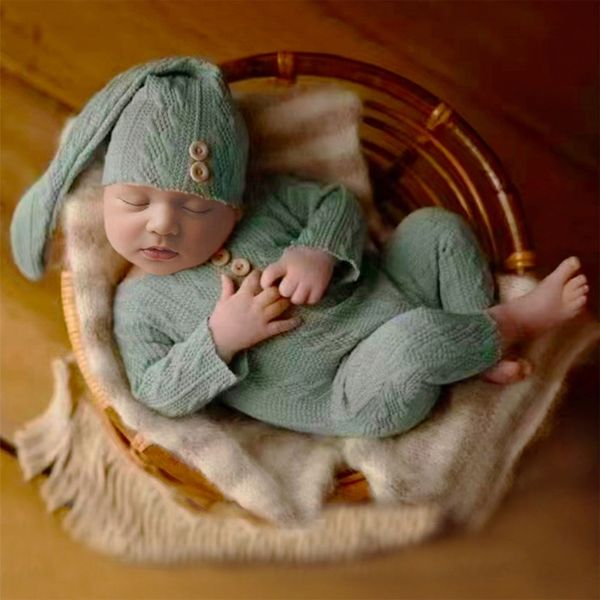 Recém -nascido Fotografia Props One Piece Roupas de foto de bebê Baby Mumpsuit de malha macia One Piece With Hat Crochet Rodper