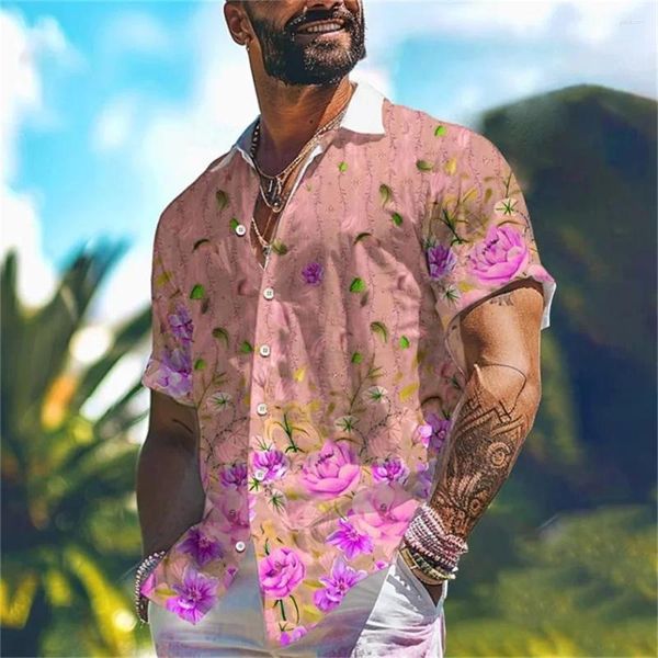 Camisas casuais masculinas camisa de resort de flor 3d, rua ao ar livre, lapela de lapela curta xs-5xl Stretch Fabric Style Style