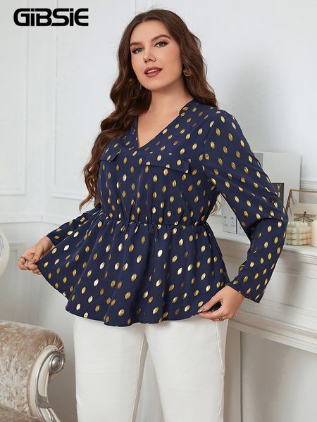 Gibsie plus size oro dot print a v collo piegum camicetta top women primaverila casual maniche lunghe uccisioni da donna elastico