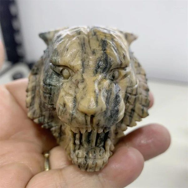 Figurine decorative tigre naturale a strisce tigre pietra cristallina a testa intagliata artigianato di gemma in quarzo lucido per decorazioni per la casa 1 pcs