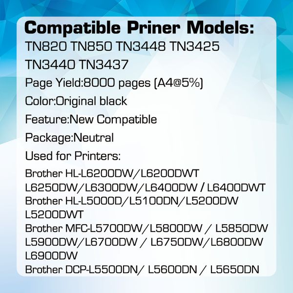 Substituição de cartucho de toner qualicom compatível com o irmão TN820 TN850 TN3448 TN3425 TN3440 TN3437 para usar com a impressora irmão