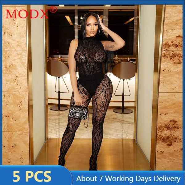 Calças de duas peças femininas 5 itens por atacado para negócios Conjunto de negócios Mulheres Sexy Elastic Cut Out One Flants Sheer Tacksuits M13431