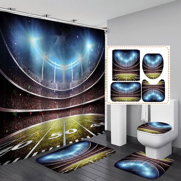 Set di tende da doccia sportiva da 4 pezzi, American Football Stadium Arena 50 Yard Line Championship Sports Decor, tappetino da bagno non slip