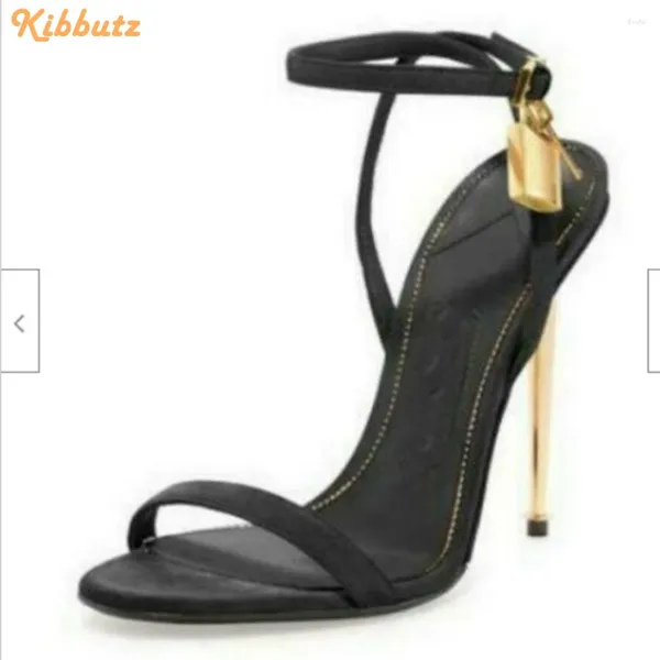 Sandalet metalik topuk kilit ayak bileği kayış yuvarlak ayak parmağı bir kelime kemer yüksek topuklu stiletto kadın moda asma kilit