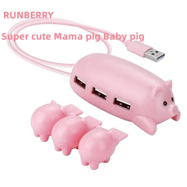 Hubs Runbery Pink Pig Pig USB 2.0HUB Adattatore multiport 3 in 1 portatile 3 porte USB 2.0 Splitter USB portatile per computer tastiera mouse