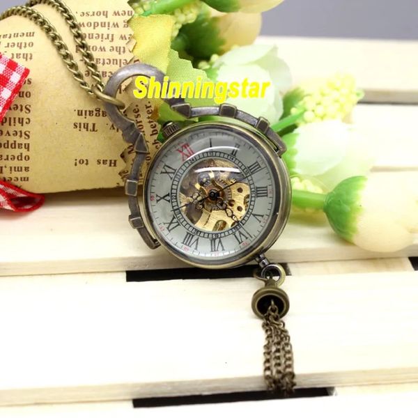 Shoppunk Mechanical Pocket Watch vintage Bronze FOB Bola de vidro de vidro Numeral Mini Relogio de Bolso Mecanicas 240327