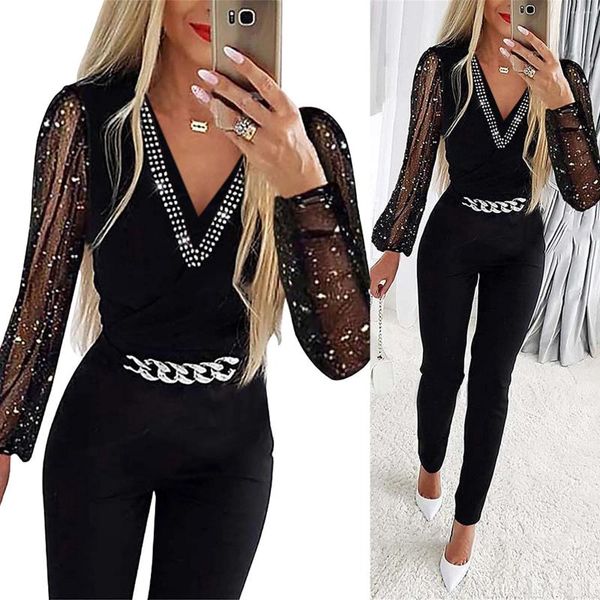 Frauen zweisteuelhafte Hosen sexy elegante gegen Nacken -Jumpsuit Frauen 2024 glänzendem Maschennähten glamouröser schwarzer langer Langarm Körper Slim Bodysuit für