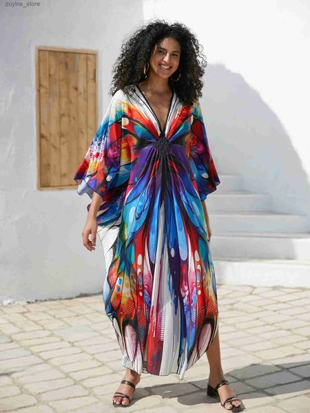 Temel Sıradan Elbiseler 2024 Renkli Baskılı Batwing Sleeve El-örgü Elbiseler Gevşek Kaftan Kadınlar Yaz Bohomian Tatil Plajı Giyim Ev Elbisesi Q1634 L49