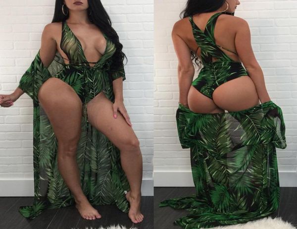 Grüne Farbe 2018 Frauen Mode Selva Muster Print Jumpsuit Cloaksexy Rompers BodySuits Overalls Schnürung Brasilien Beach Bikinis 2p4481159