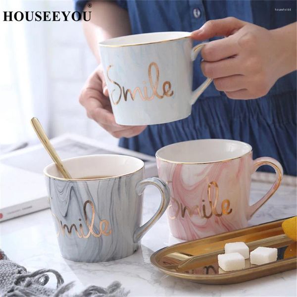 Xícaras pires houseeyou pintada à mão de mármore natural porcelana caneca casal com sorriso dourado word tea leite água presente por atacado