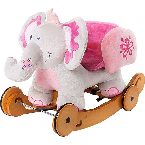 Labebe Plush Rocking Horse and Riding Elephant Toy Set para crianças de 1 a 3 anos - Animal de madeira balançando com rodas, brinquedos de joystick enchidos incluídos