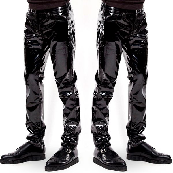 Uomini pantaloni in pvc in pelle faux pantaloni lunghi club lucido indossare punk black black slim fit nightclub pantaloni da festa maschio moto