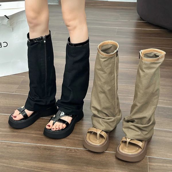 Yaz Platformu Moda Botları Kadın Tasarımcı Diz-Yüksek Sandal Y2K Punk Bayanlar Yuvarlak Toe Tapper Gotik Fermuar Trend Ayakkabıları 240410 992